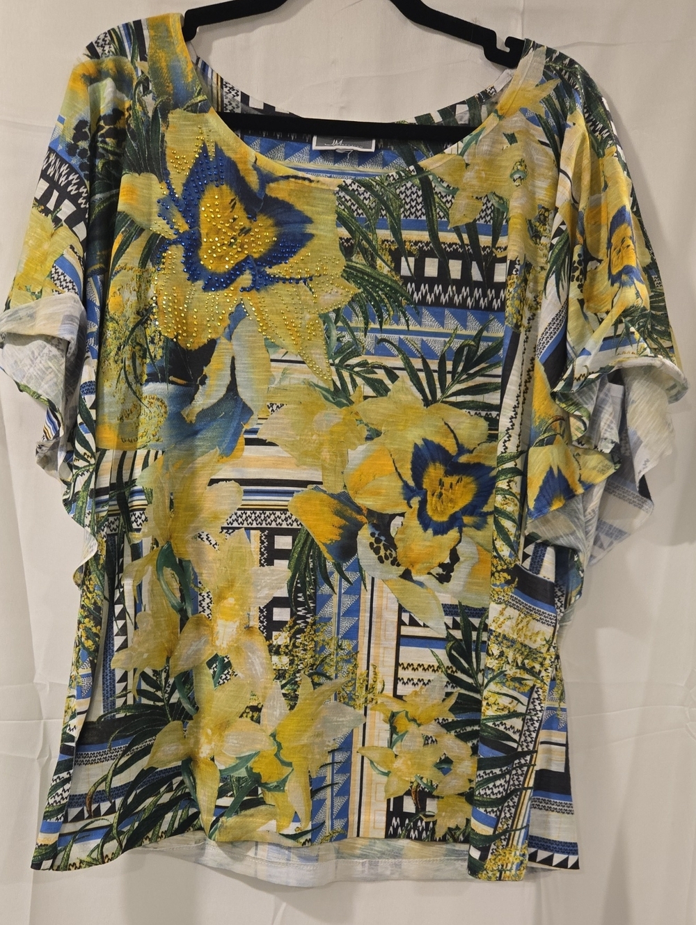 JM Collection Tropical Floral Print Embellished Scoop Neck Top